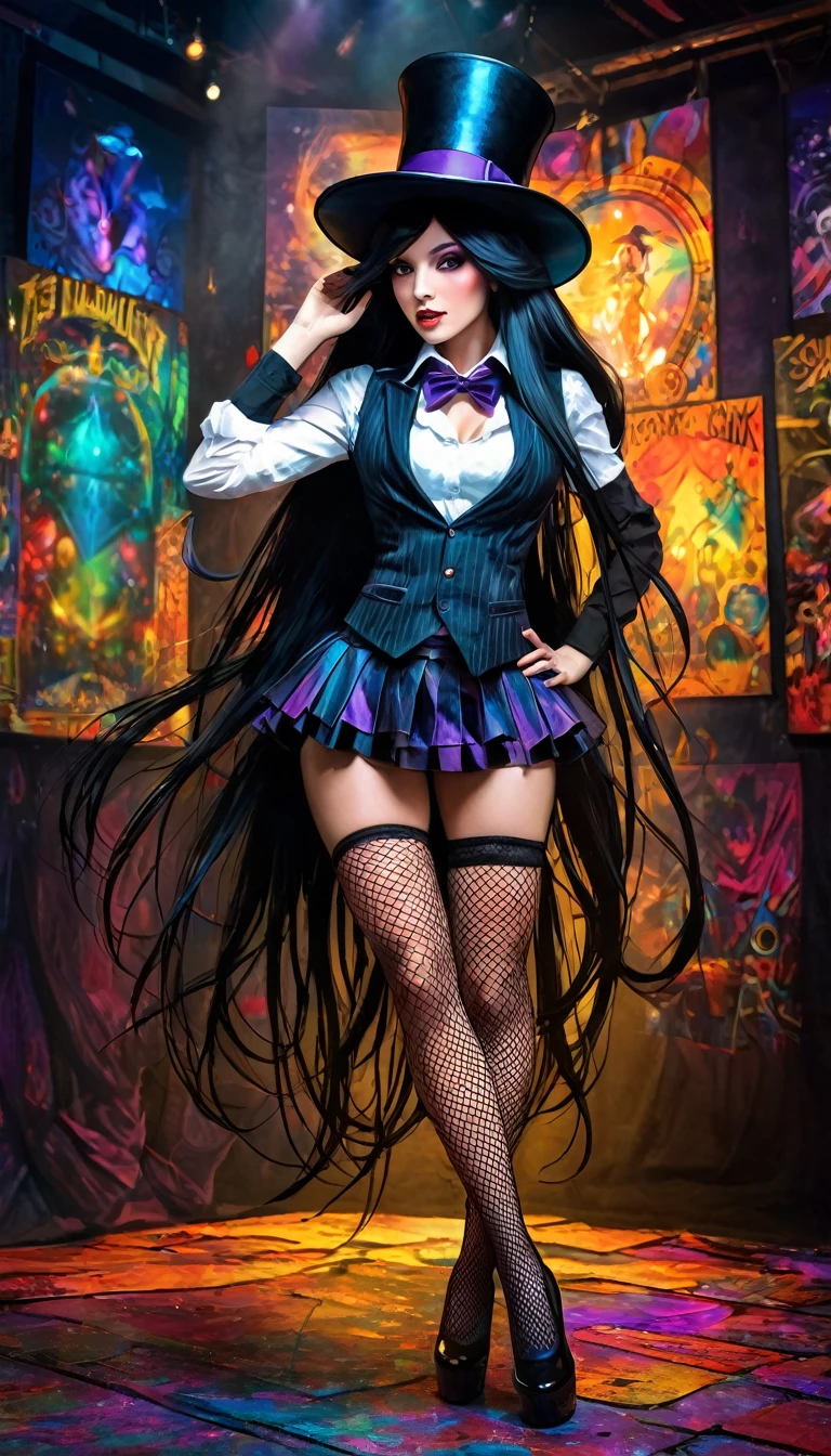 a magician girl with long black hair, wearing a magician hat, elegant and sexy outfit with a vest, miniskirt and fishnet stockings, performing magic, dark and fantastic background, inspired by the art of Bill Sienkiewicz, high quality, ultra-detailed, photorealistic, vivid colors, professional
