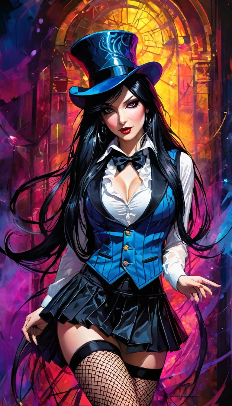 a magician girl with long black hair, wearing a magician hat, elegant and sexy outfit with a vest, miniskirt and fishnet stockings, performing magic, dark and fantastic background, inspired by the art of Bill Sienkiewicz, high quality, ultra-detailed, photorealistic, vivid colors, professional (best quality, 4k, 8k, high resolution, masterpiece: 1.2), ultra detailed, (realistic, photorealistic, photorealistic: 1.37), intricate details, vivid colors, sharp focus, professional, Dave's artwork McKean, oil painting touch of surrealism, oil painting style