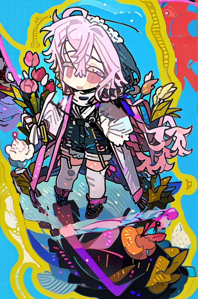 A girl,(Standing picture),(whole body),Character Design,Long hair,Fashion Design,Complex headdress,Complex clothes,cute,scarf,Everyday wear,Pink Hair,Overalls,peach,lemon,bubble