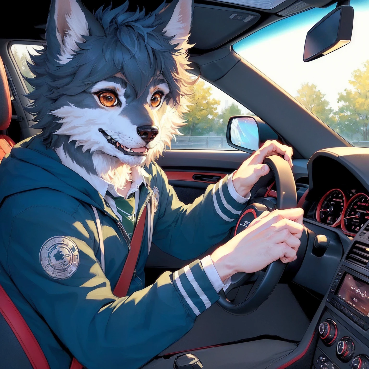 anime - style picture of a man Conduciendo a car with a wolf on the dashboard, pov arte peludo, elogio artstyle, elogio portrait, anime peludo, elogio art, Conduciendo a car, arte peludo, lobo peludo, very very beautiful arte peludo, arte peludo!!!, Conduciendo, elogio, arte peludoist, elogio feel, fanart de alta calidad
