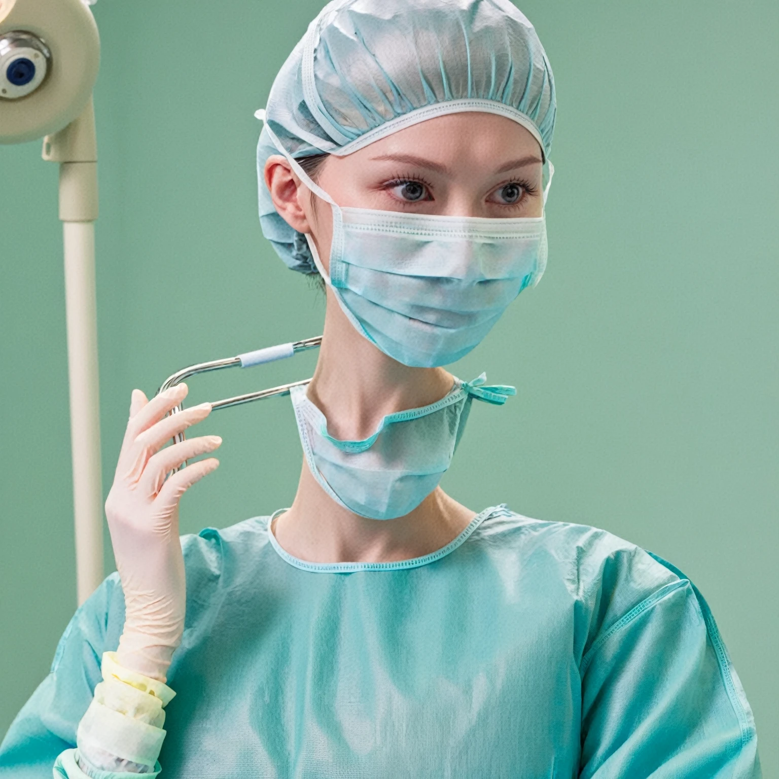 score_9,  score_8_up, score_7_up, masterpiece, highest quality, pale skin, shy eyes, cover the ears, big breasts, surgical mask, surgical cap, long sleeve surgical gown,
1 girl, solo, rubber gloves, frown,  standing, in one hospital, in the operating room,