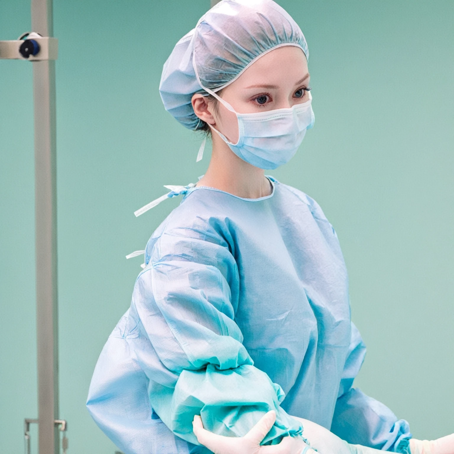 score_9,  score_8_up, score_7_up, masterpiece, highest quality, pale skin, shy eyes, cover the ears, big breasts, surgical mask, surgical cap, long sleeve surgical gown,
1 girl, solo, rubber gloves, frown,  standing, in one hospital, in the operating room,