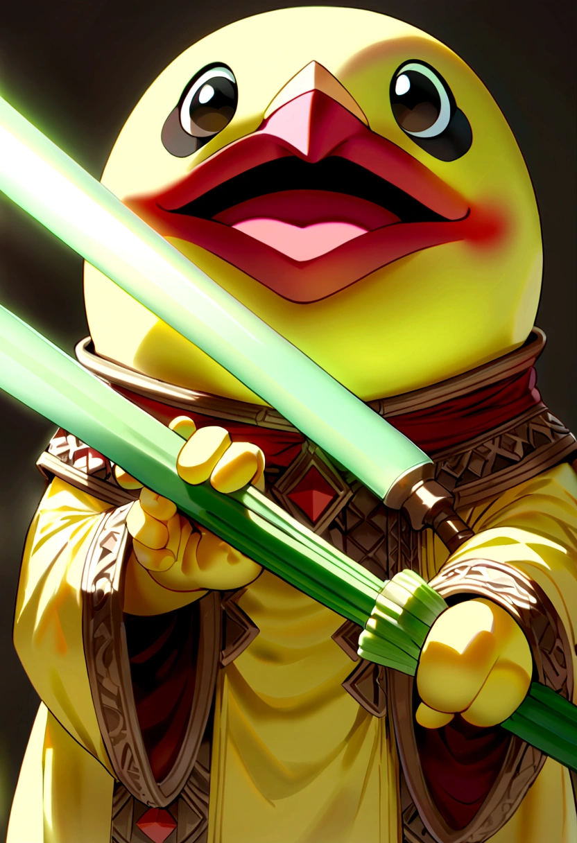 Cute little bird,Yellow body,Red Mouth,Simple Background,Cute expression、Real、Shining green onion、Holding a leek sword in his hand、Lightsabre、Fantasy、