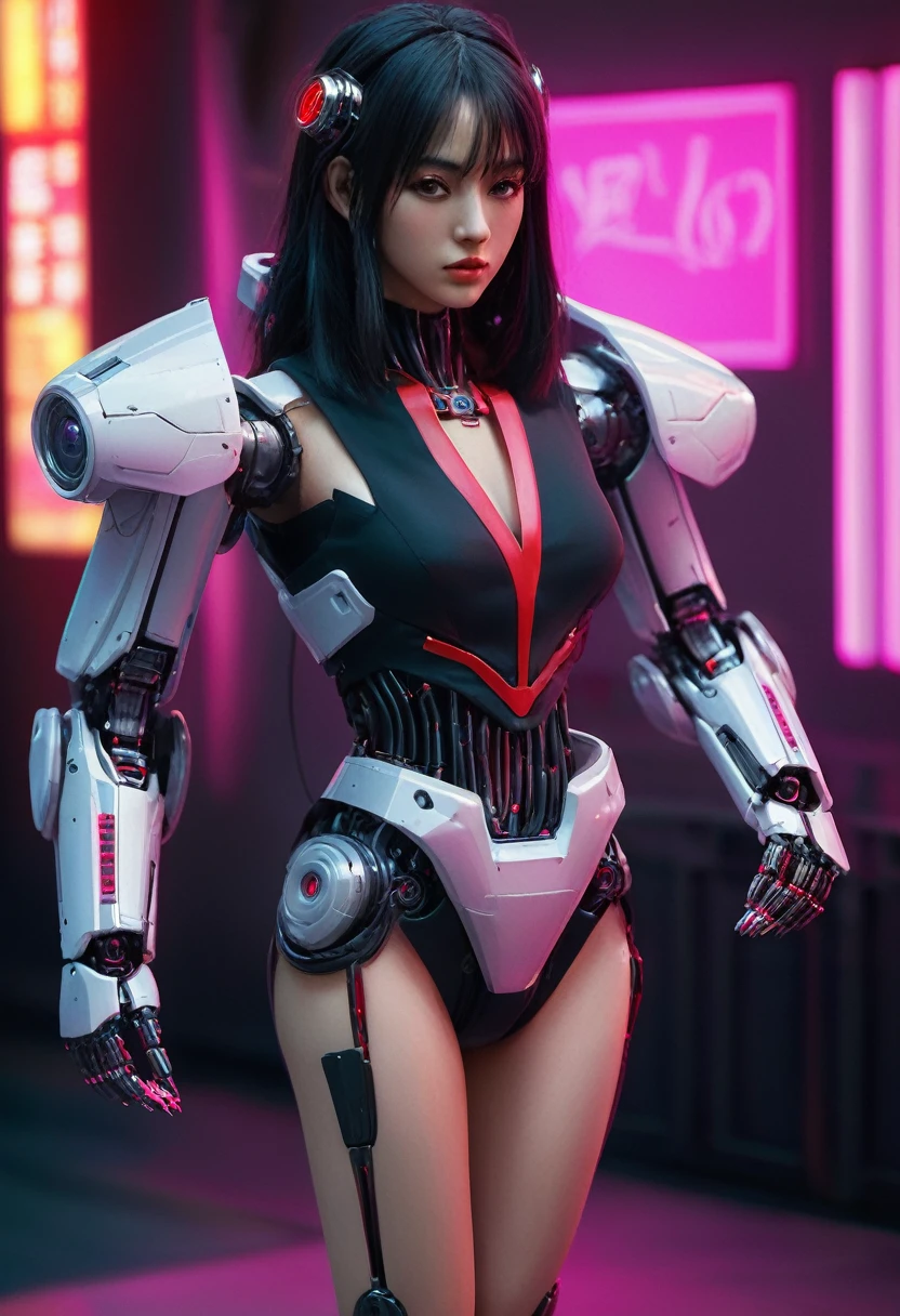 xxmixgirl. Highly detailed professional 35mm film, bokeh, face in sharp focus. A robotic female, Miku, with ((metal skin)), ((perfect Asian eyes)) with magenta irises and ((black pupils)), beautiful serious (detailed face), 18 year old ((photorealistic face)), very long magenta twin tails of magenta hair, twin black hair ties with a single red stripe. She may have a black audio headpiece. We can see her ((full body)) down to her boot soles. Her outfit is a sleeveless collared light grey shirt, outlined in red around the frilled collar and hems. Shiny reflective ((metallic breast cups, dimpleless)), invisible nipples. She wears black sleeves with red hems that start around her upper arm and bellow out as the sleeves open and extend to her wrists, with wide trumpet red rimmed cuffs. She has perfect robotic (detailed hands). She wears a red colored tie with two horizontal solid parallel black lines halfway across. She wears a fabric black skirt with a horizontal red hem at the bottom all the way around; her (((black skirt wraps around her))) and ((her skirt completely covers)) her robotic waist and thighs. Tall black boots with red bottom soles, a red rim around the top at her thighs. Her mechanical shoulder joints are visible. We can see her robotic legs and robotic neck. Half of her is covered with shiny polished machinery. The background is a distant dark neon futuristic Japanese city, gold, cyan, violet neon, near harbor or mountains.
