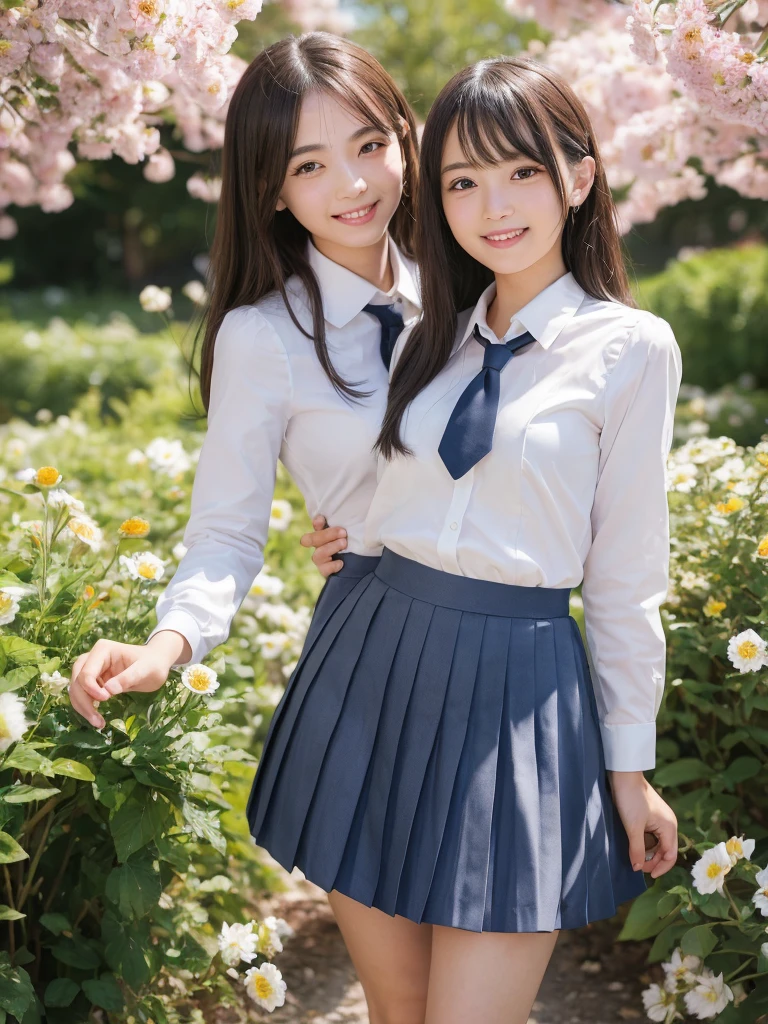 (2girl), kawaii, (round eyes:1.2), (highly detailed face and eyes), (big smile), (school uniform, pleated mini skirt:1.3), summer, (Best Quality:1.4), (Ultra-detailed), (extremely detailed CG unified 8k wallpaper), Highly detailed, High-definition raw color photos, Professional Photography, Realistic portrait, (Surrounded by lots of cute fresh flowers:1.3), focus on the girl, depth of fields, (fine face:1.2),