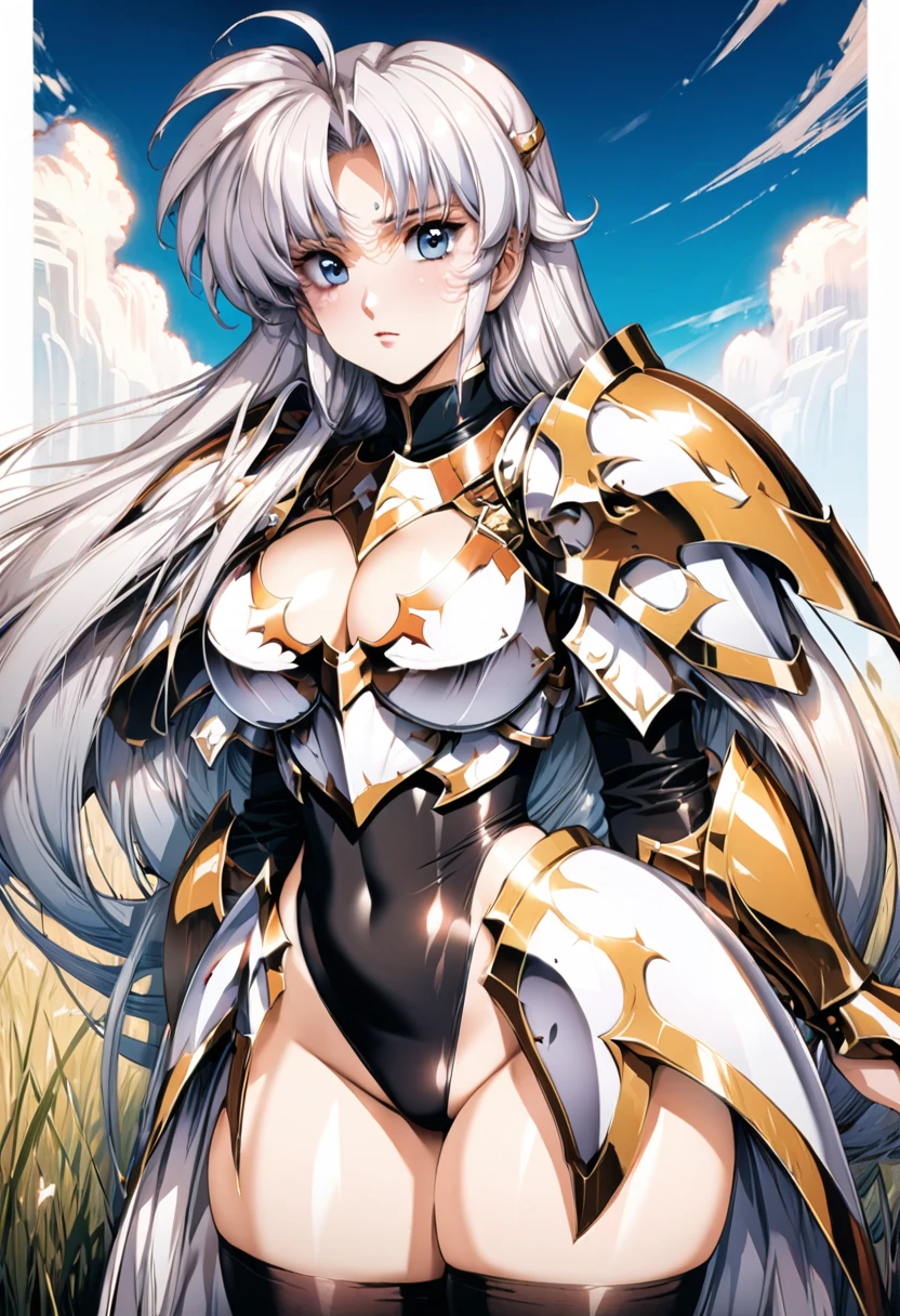 ((highest quality)), ((masterpiece)), ((hyperrealistic)), (detailed background), 1girl, ((curvy: 1.2)), ((Sparkling sequin gold lame leotard: 1.3)), ((See-through catsuit)), (long skirt dress), cloak de cour, gauntlet, gloves, white hair, ahoge, (large breasts), (see-through cleavage cutout), (zettai ryouiki armored thigh high boots), (pantyhose thighs), (pantyhose groin area), beautiful eyes, perfect face, Perfect hands, perfect fingers, Blue sky and grassland,