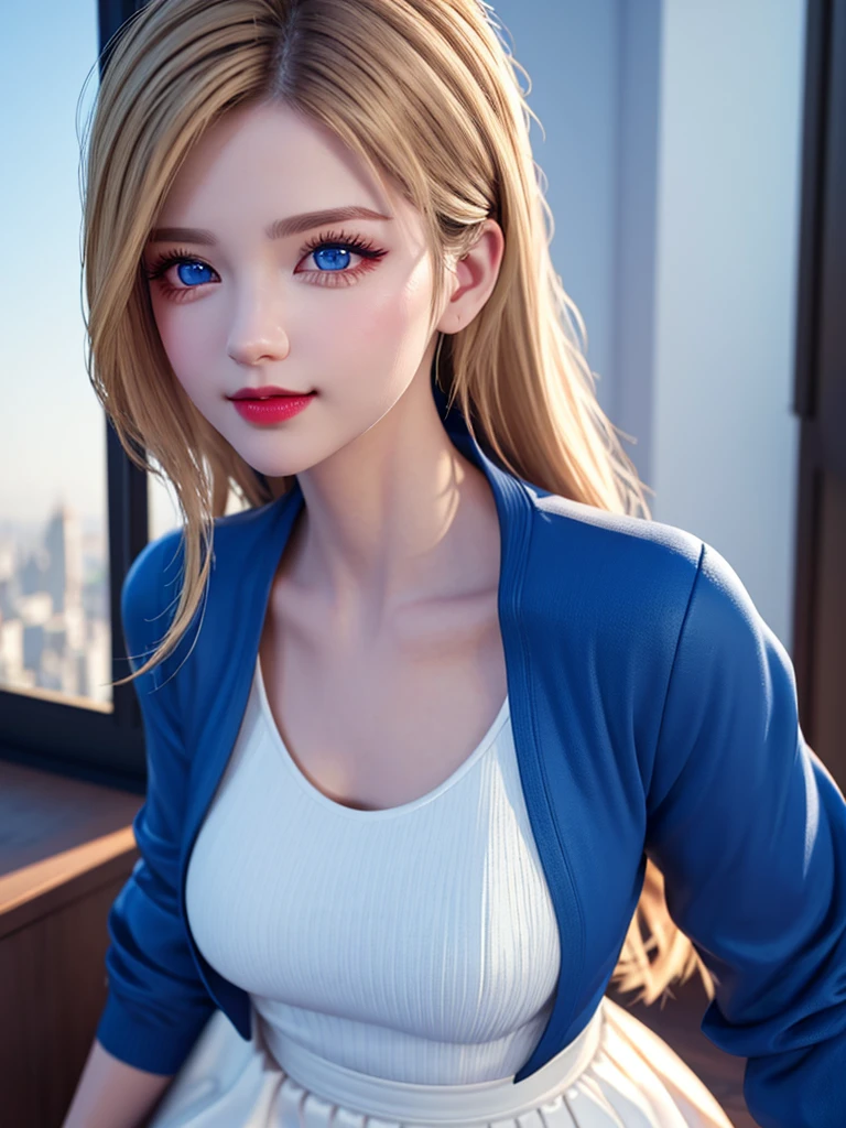 fair detailed eyes, fair detailed lips, Extremely detailed eyes and face, Long eyelashes, 1 girl, illustration, oil painting, 3D Rendering, Photo realism, best quality, 8K, High resolution, masterpiece:1.2, Super detailed, actual, photoactual, photo-actual:1.37, high dynamic range, Ultra high quality, Studio lighting, Ultra-fine coating, sharp focus, Physically based rendering, extremely detailed description, professional, bright colors, Bokeh, portrait, Bright lip gloss, Long eyelashes, smooth face, bright, Natural shades, wide light, Depth of Field, intense colors, Subtle Caustics:0.8, Smile, Large target, v6, Windows showing different buildings in the city, absurd, High resolution, Super detailed, blond, blue eyes, fair, Thin, Sexy pose, Back picture, gaze by the window, Dark blue jacket with front opening, white transparent shirt, White transparent flared skirt