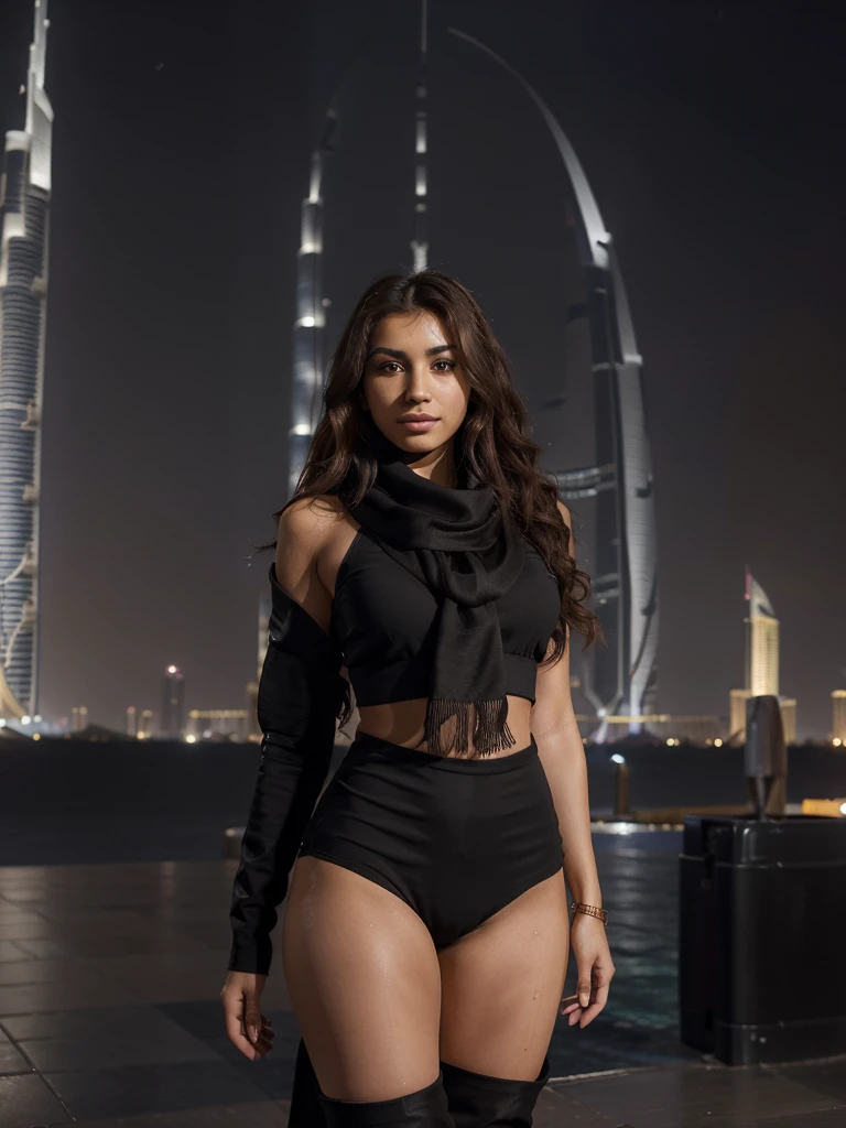 8k, RAW photo, best quality, ultra high resolution, (photorealistic), realistic photo of egyptian girl model, (egyptian girl, 20 years old, most beautiful egyptian girl in the world, slim face, thick thighs, brown hair, wavy hair), in the dubai city downtown, dubai city, scyscrapers, (burj khalifa), bright light, (full body picture), ((photo from the side)), standing posing for picture, sexy pose, (wearing (overhead scarf, black lapel, black minishorts, knee high boots)), ((looking at viewer 1:2)), shy smile, romantic, (extremely detailed CG unity 8k wallpaper), Sharp focus, (bright light)