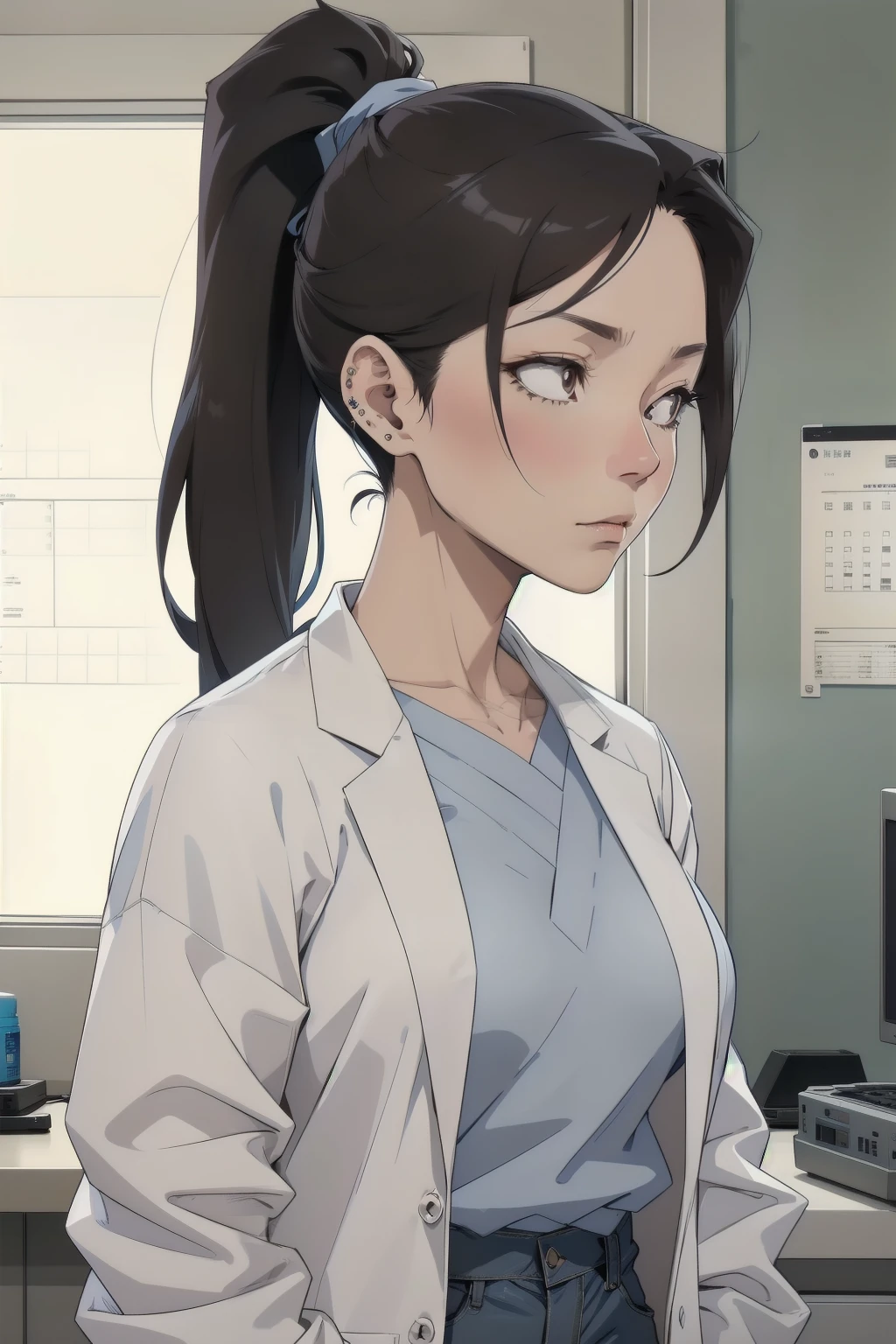 A 54-year-old woman named Naoko, wearing a white lab coat over a light blue shirt and dark grey pants. She has dark brown semi-long hair tied back in a practical ponytail. She has piercing, analytical eyes, a calm and composed expression, and minimal makeup. She is in a hospital or clinic with medical equipment and patient charts.