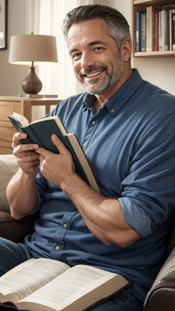 Happy middle-aged man in his home reading the Bible