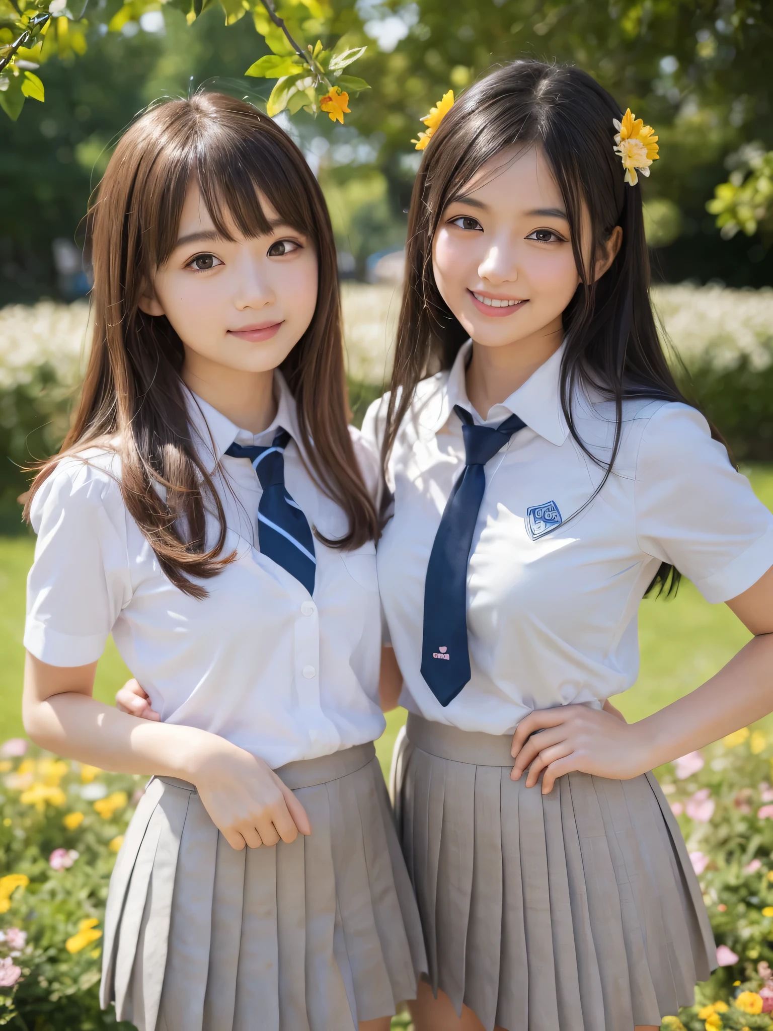 (2girl), kawaii, (round eyes:1.2), (highly detailed face and eyes), (big smile), (school uniform, pleated mini skirt:1.3), summer, (Best Quality:1.4), (Ultra-detailed), (extremely detailed CG unified 8k wallpaper), Highly detailed, High-definition raw color photos, Professional Photography, Realistic portrait, (Surrounded by lots of cute fresh flowers:1.3), focus on the girl, depth of fields, (fine face:1.2),