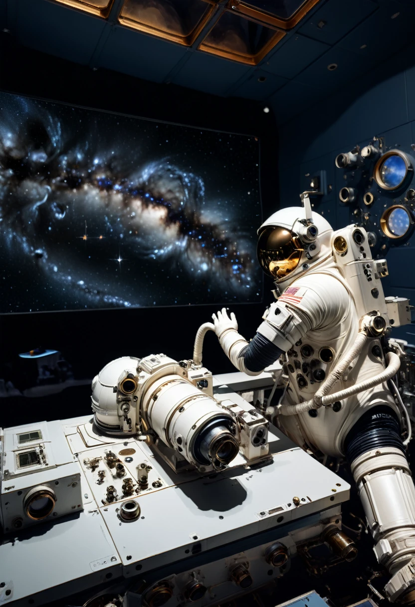 (Astronaut), Astronaut observe distant galaxies at the observatory inside the space station, using advanced telescopes with a background of pitch black deep space, full body, (Photography), panoramic view, award-winning, cinematic still, emotional, vignette, dynamic, vivid, (masterpiece, best quality, Professional, perfect composition, very aesthetic, absurdres, ultra-detailed, intricate details:1.3)