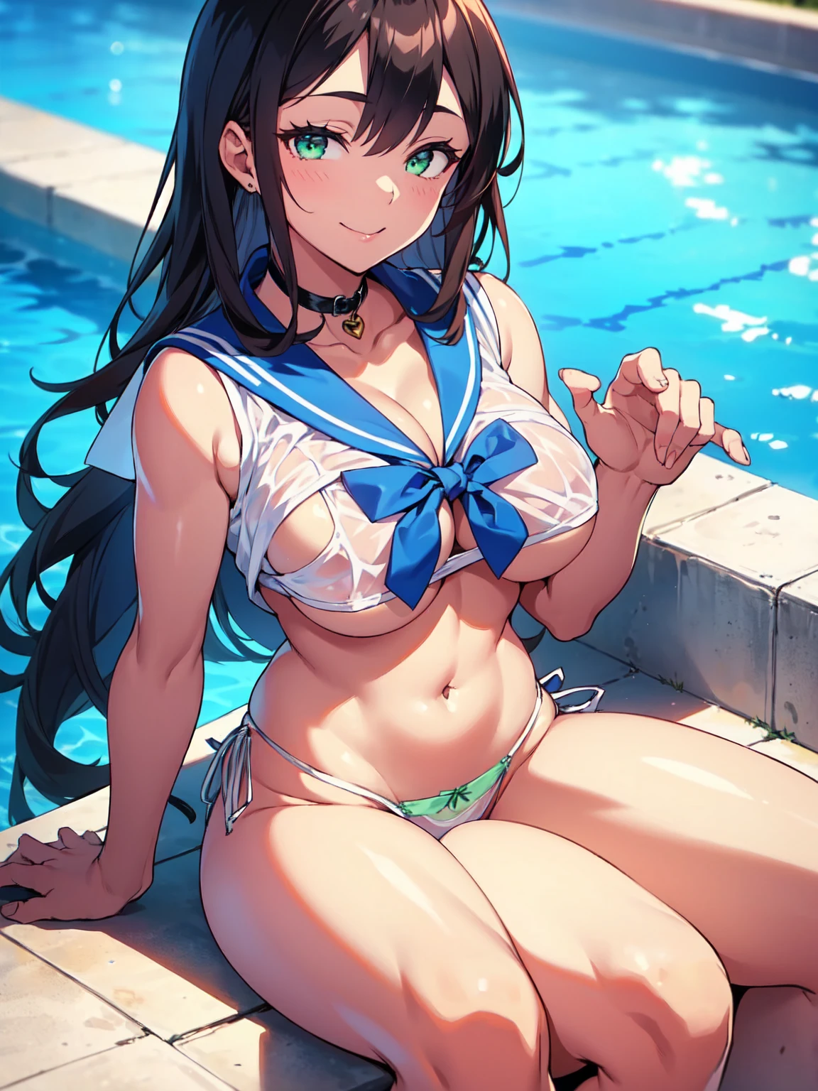 1 lady, HD quality, anime, solo full body shot, (sitting with hands back:1.3), (open legs to limit:1.5), (with one knee up:1.3), showing pubic area:, (under boob:1.6), Large breasts, (cleavage), shiny skin, smiling, (thin thighs:1.3), (Sailor uniform only for the upper body:1.5), (Crop Top sheer white shirt:1.5), (sleeveless:1.6), without brassiere, (sheer white tiny micro thong:1.5), poolside, (Green detailed eyes), blue sailor collar, red ribbon tie