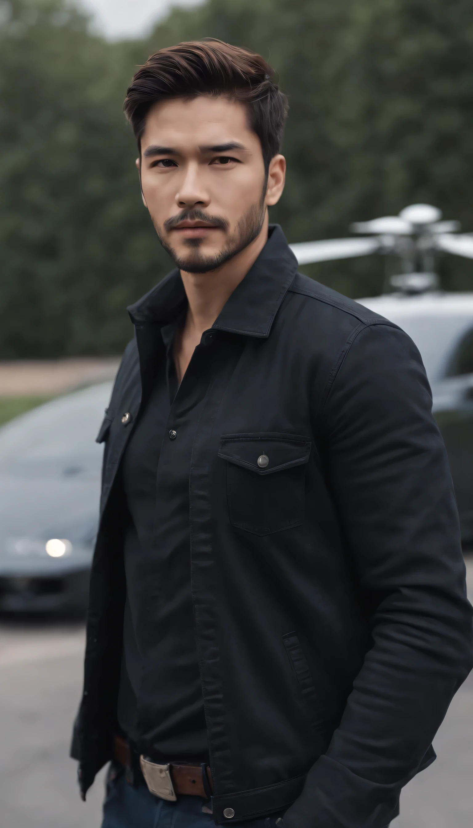 standing near the supercar、put a helicopter on it、Physically good boy, with black denim shirt and dark jacket, looking great , slightly noticeable amount , eyes black , light beard