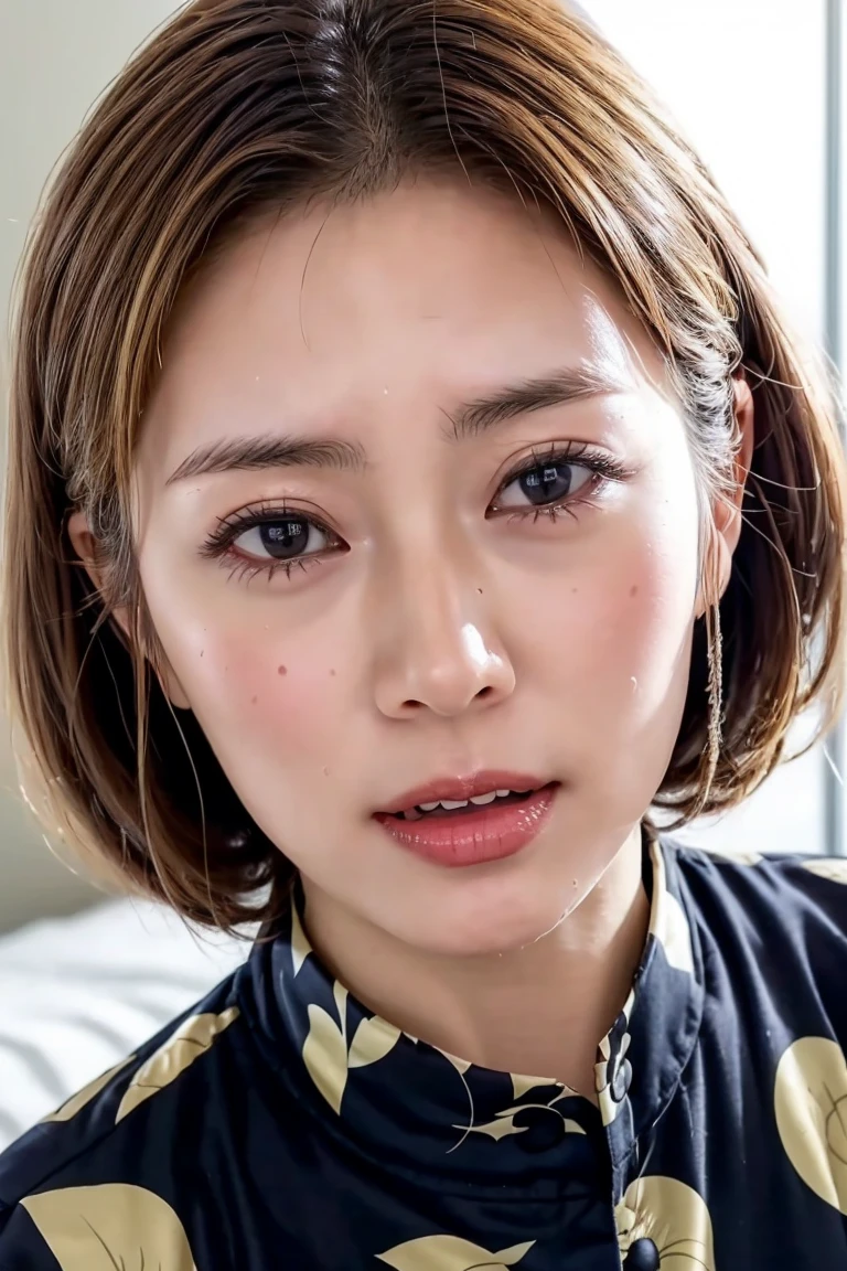 (Realistic:1.3、Ultra HD、Ultra-high resolution、8K、Japanese Housewife、寝室でBlowjobチオをするMature Woman:1.5、At the bed)、((Look Viewer:1.8))、(Extremely realistic skin texture:1.4)、(Realistic:1.3)、short hair、((Embarrassed expression:1.5))、(blonde:1.5)、48-year-old woman、Mature Woman、Ponytail Hairstyles、(Brown eyes:1.3)、(Face close-up:1.38)、(Sweaty:1.2)、(Nipplesを見せる)、((衣服から突き出たNipples,))、dress、美しいNipples、Nipples、(Shooting from the side:1.1)、Drooling、((Blowjobチオ:1.6、Blowjob、Cum in mouth、Bukkake))