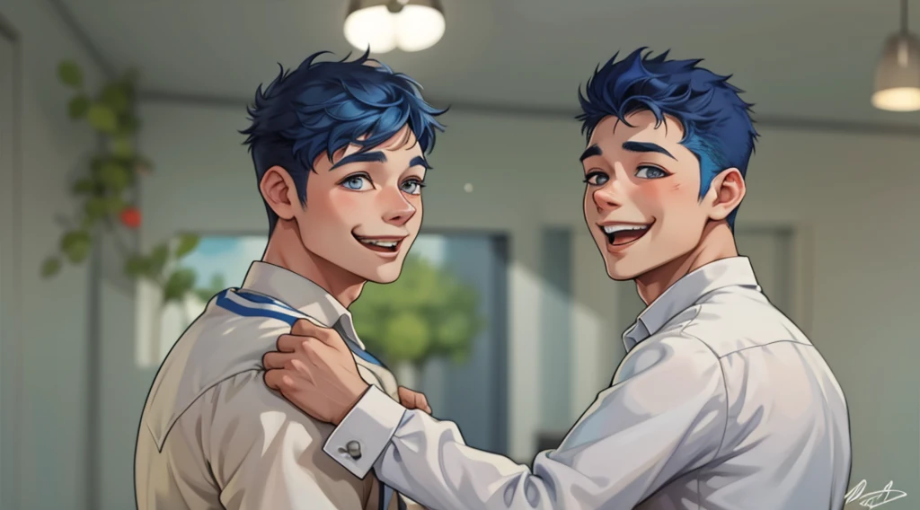 There are two boys with blue hair, they love each other, they smile with joy.
