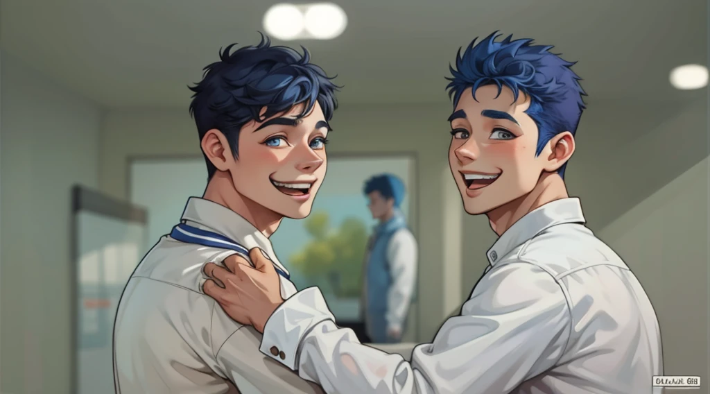 There are two boys with blue hair, they love each other, they smile with joy.