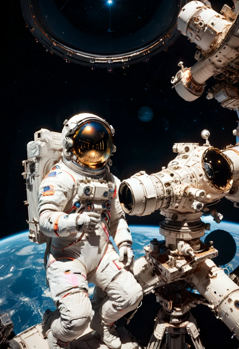 (Astronaut), Astronaut observe distant galaxies at the observatory inside the space station, using advanced telescopes with a background of pitch black deep space, full body, (Photography), panoramic view, award-winning, cinematic still, emotional, vignette, dynamic, vivid, (masterpiece, best quality, Professional, perfect composition, very aesthetic, absurdres, ultra-detailed, intricate details:1.3)