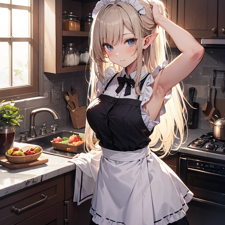 A maid, (in kitchen), various hair styles, night, details face, short skirt, seducing, sleeveless, maid uniform, armpits, elf