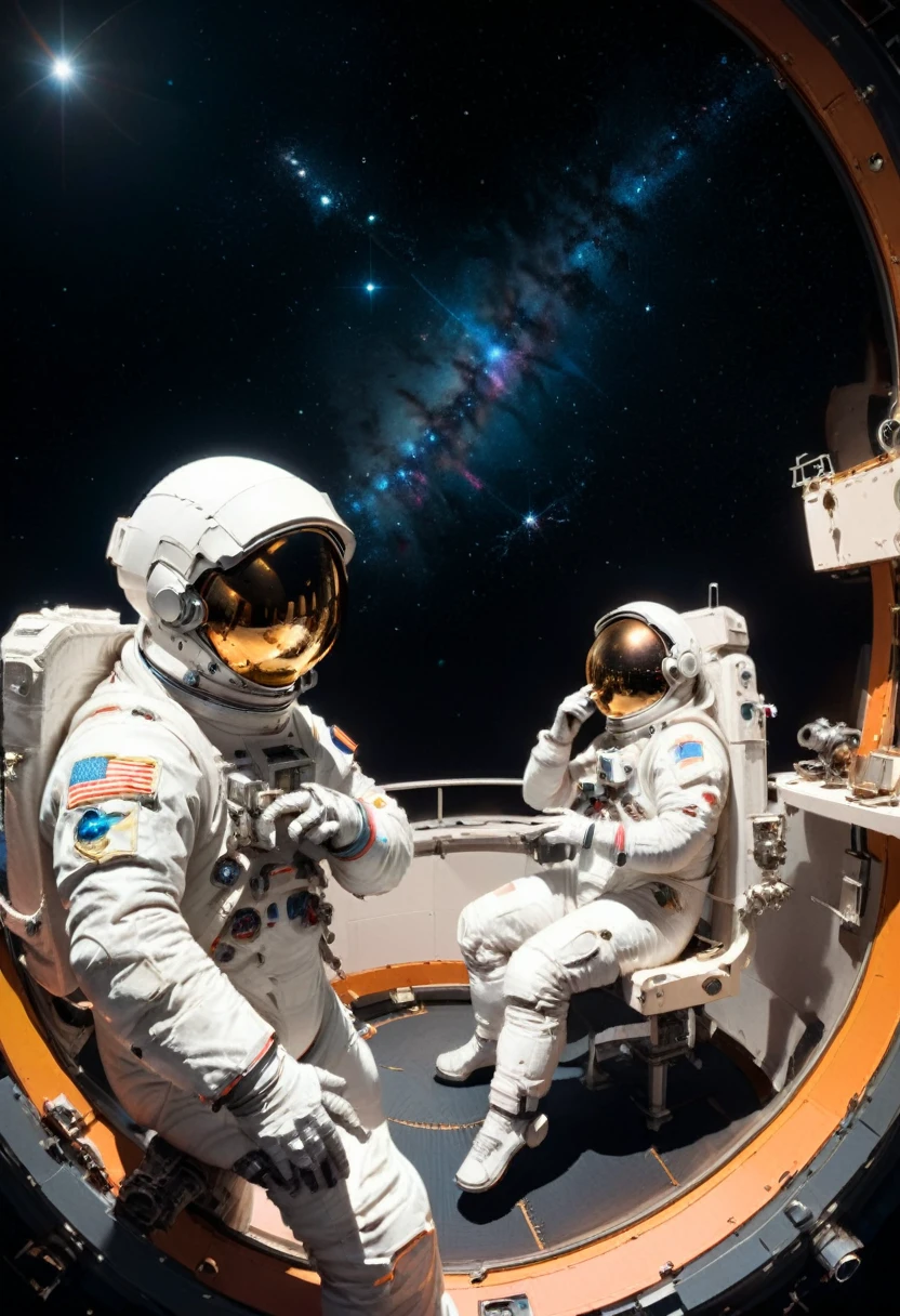 (Astronaut), Astronaut observe distant galaxies at the observatory inside the space station, using advanced telescopes with a background of pitch black deep space, full body, (Photography), panoramic view, award-winning, cinematic still, emotional, vignette, dynamic, vivid, (masterpiece, best quality, Professional, perfect composition, very aesthetic, absurdres, ultra-detailed, intricate details:1.3)