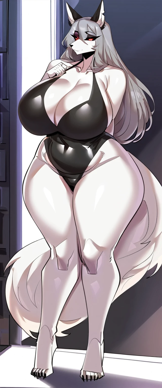 (((highly detailed, high quality, masterpiece, beautiful))), (((full shot))), (((full body view))), (((front body))), (((front view))), Loona, (((by carsen, by JMG))), solo, (((mature female))), (((mommy female))), (((athletic female))), (((taller female))), (((large body))), (((voluptuous body))), sensual body, curvy figure, curvaceous, absurd res, hi res, Candid, canine, canis, wolf, mammal, (((white body))), white fur, white inner ear, black ears, dark grey tuft cheeks, dark grey shoulders, dark grey top tail, grey hair, (((red sclera))), white eyes, black eyebrowns, black nose, black claws, wolf ear, long Ears, notched ear, narrow eye, thick eyebrowns, (((raised inner brow and brow lowed eyebrown))), eyelashes, eyeliner, Big nose, (long snout), (((Tuft cheeks))), (((facial tuft, long cheeks))), long hair, fluffy hair, lock of hair on the forehead covering the right eye, hair over eye, one eye obstructed, (((large breasts))), soft abd, (((large back))), humanoid feet, humanoid hands, 5 fingers, 5 toes, claws, (((busty))), (((long tail))), fluffy tail, wide hips, (((large hips))), (((Big ass))), (((large ass))), (((bubble ass))), (((soft ass))), (((thick thighs))), huge thighs, (((large thighs))), (((large legs))), standing, plantigrade, cameltoes, (((feet detail))), signature, (((horny face))), smile, (((looking at viewer))), (((black highleg one piece swimsuit latex))), (((cleavage))), in a spaceship next to a large window space