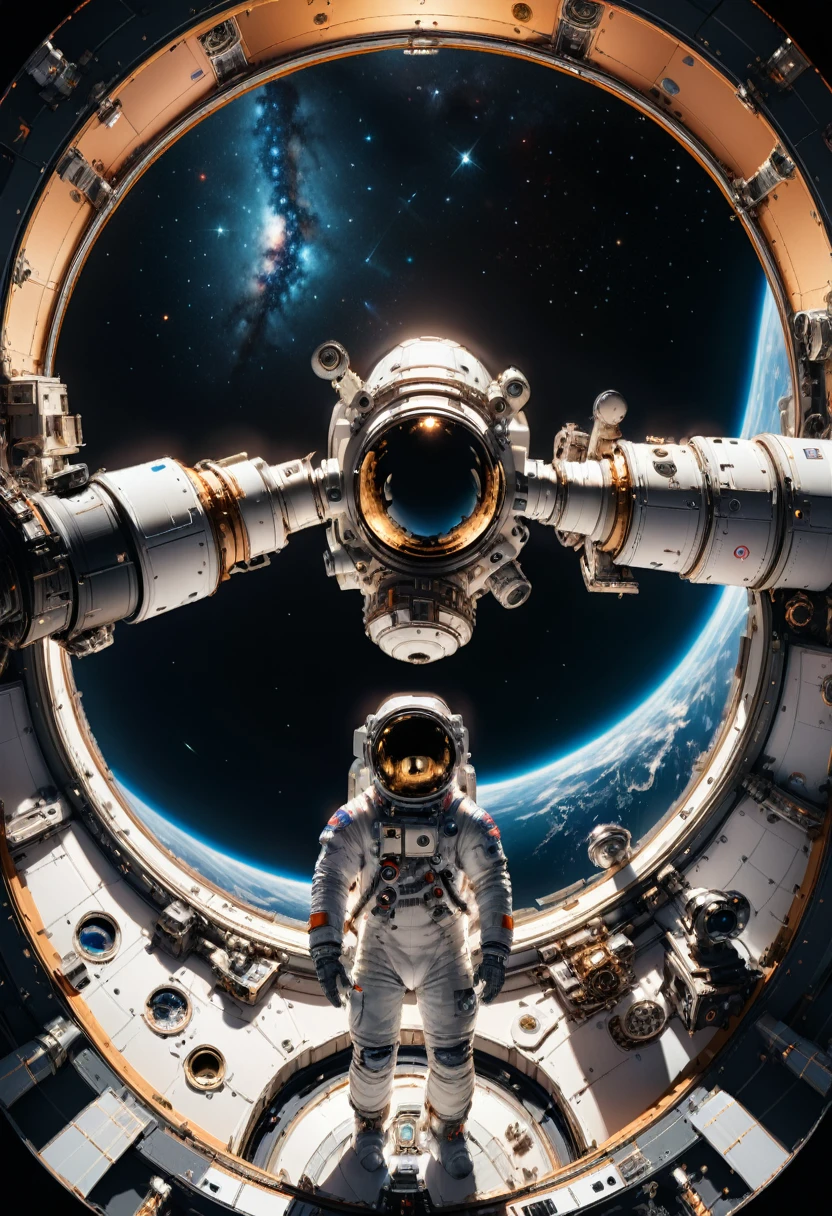 (Astronaut), Astronaut observe distant galaxies at the observatory inside the space station, using advanced telescopes with a background of pitch black deep space, full body, (Photography), panoramic view, award-winning, cinematic still, emotional, vignette, dynamic, vivid, (masterpiece, best quality, Professional, perfect composition, very aesthetic, absurdres, ultra-detailed, intricate details:1.3)