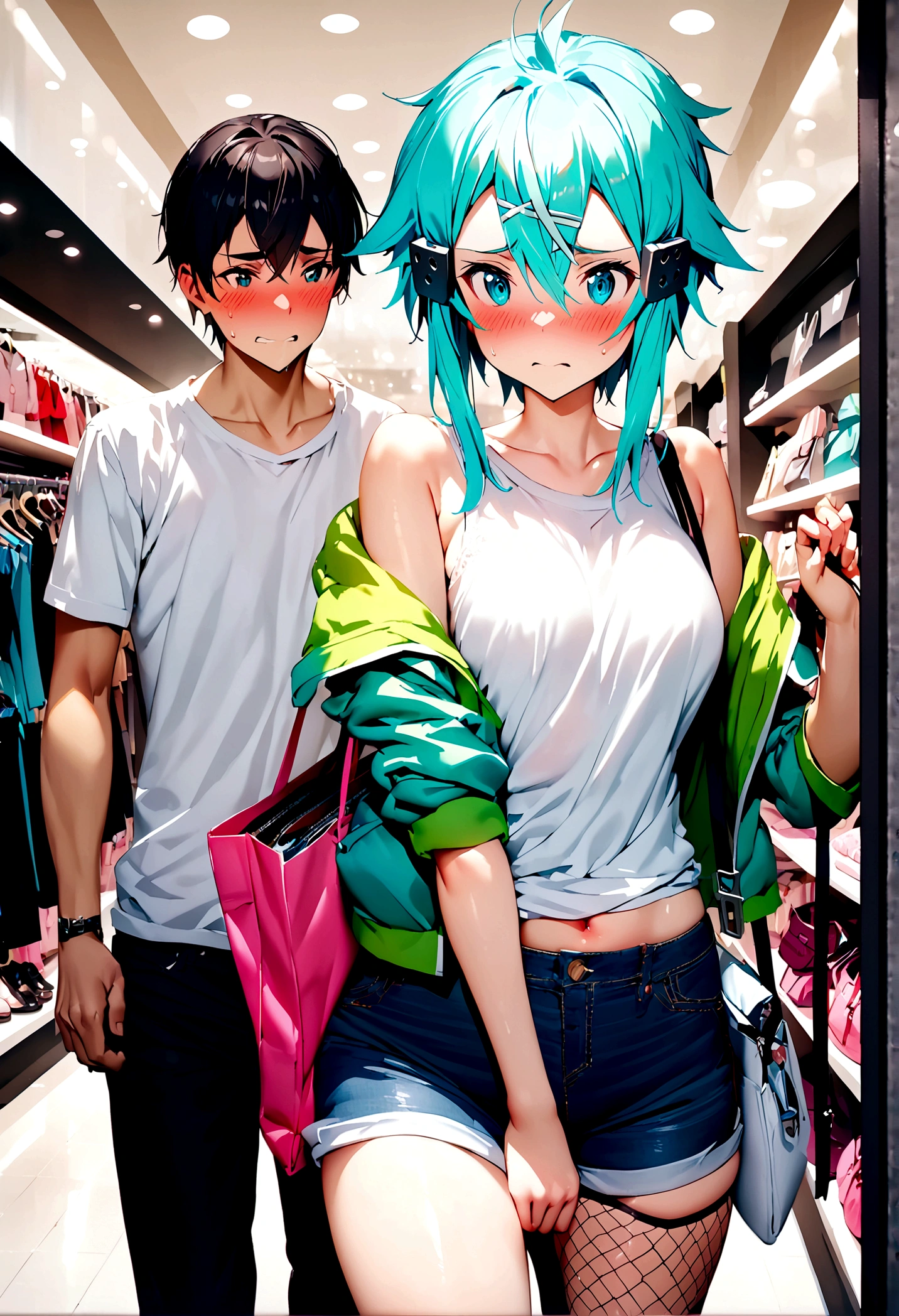 NSFW,masterpiece,Highest quality,High resolution,Super detailed,Sinon\(Sword Art Online\),Jacket,White T-shirt,cropped,Shorts,Fishnet tights,Shoulder bag,Embarrassed,expectant face,blush,Shopping mall,Lingerie Shop,Underwear section,Date,(boy),(Molestation),A man puts his hands on her waist and hugs her,A man fingering,From the side