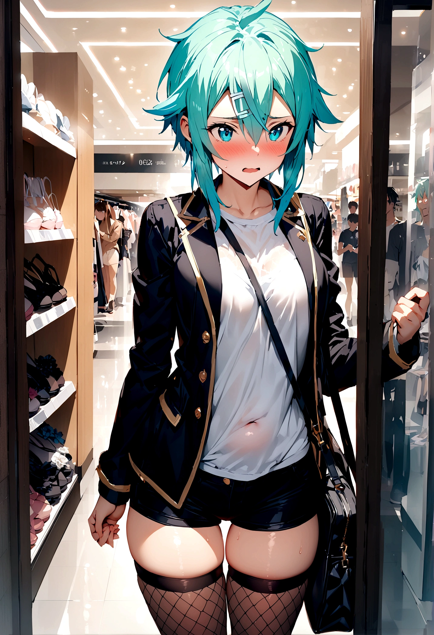 NSFW,masterpiece,Highest quality,High resolution,Super detailed,Sinon\(Sword Art Online\),Jacket,White T-shirt,cropped,Shorts,Fishnet tights,Shoulder bag,Embarrassed,expectant face,blush,Shopping mall,Lingerie Shop,Underwear section,Date,(boy),(Molestation),Prank