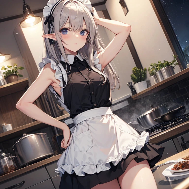 （（（highest quality、first-class、masterpiece、Normal body、8k、Detailed face、Ultra-precision、Normal hand、Normal finger、５Finger、Highest）））、beautiful girl、Silver Hair、Small breasts、Shortcuts、Naked Apron、Sleeveless Apron、waiter、bedroom