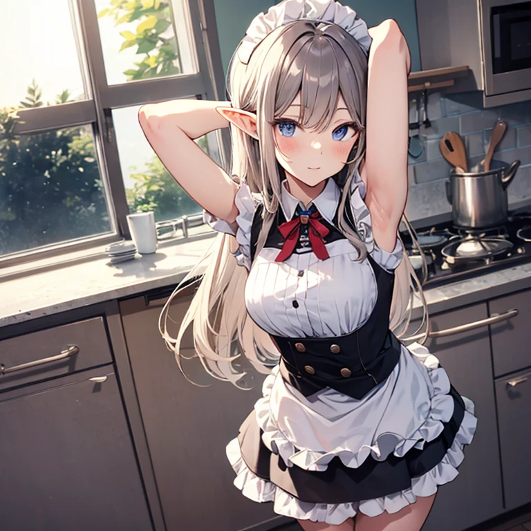 A maid, (in kitchen), various hair styles, night, details face, short skirt, seducing, sleeveless, maid uniform, armpits, elf