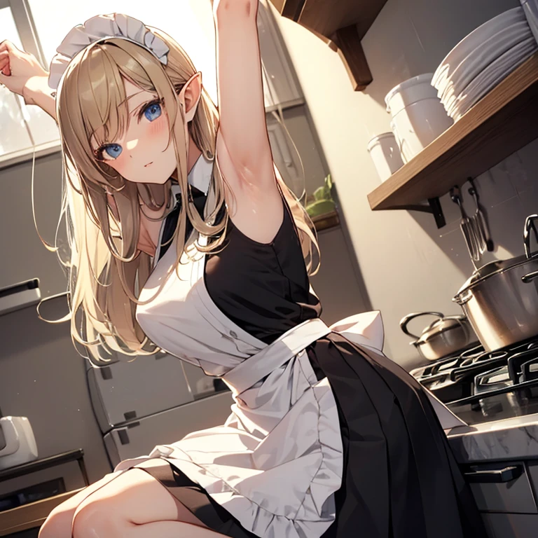 A maid, (in kitchen), various hair styles, night, details face, short skirt, seducing, sleeveless, maid uniform, armpits, elf