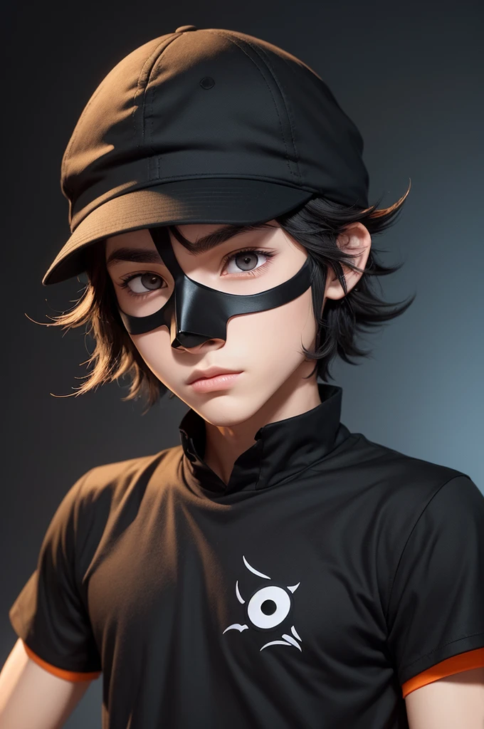 Illustration of a Cartoon style avatar of a boy with a black mask, white eye, black cap and an orange shirt 