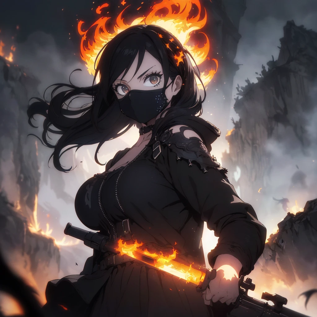 ((best quality)), ((masterpiece)), (detailed),score_9, score_8_up, score_8_up, 1girl, depth of field, raw, intimate shot, (goth girl, face mask, ski mask, close jacket, off the shoulder, ((glowing particles, flames)), large perfect breasts, (holding a weapon), hold a weapon, gun, gamer, AK12, dark fantasy, evil presence, swirling energy, detailed background, dramatic lighting, highly detailed and hyper realistic photo, by Adam Hughes , by David Downton , by Eilif Peterssen , a infrared photography of a vivid fantasy landscape , in the style of stark monochrome landscape, limited dark palette, unusual dark colors, faded colors, atmospheric haze, highly dramatic cinematic lighting, motion blur, film grain, professional, excellent composition, finest details, maximized details, ultimate detail level, masterpiece, best quality