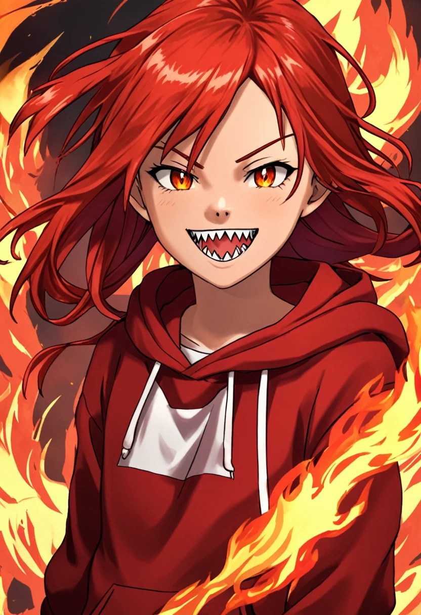 age woman, long and tied red hair, red clothes and sweatshirt, power of fire, smile with sharp teeth