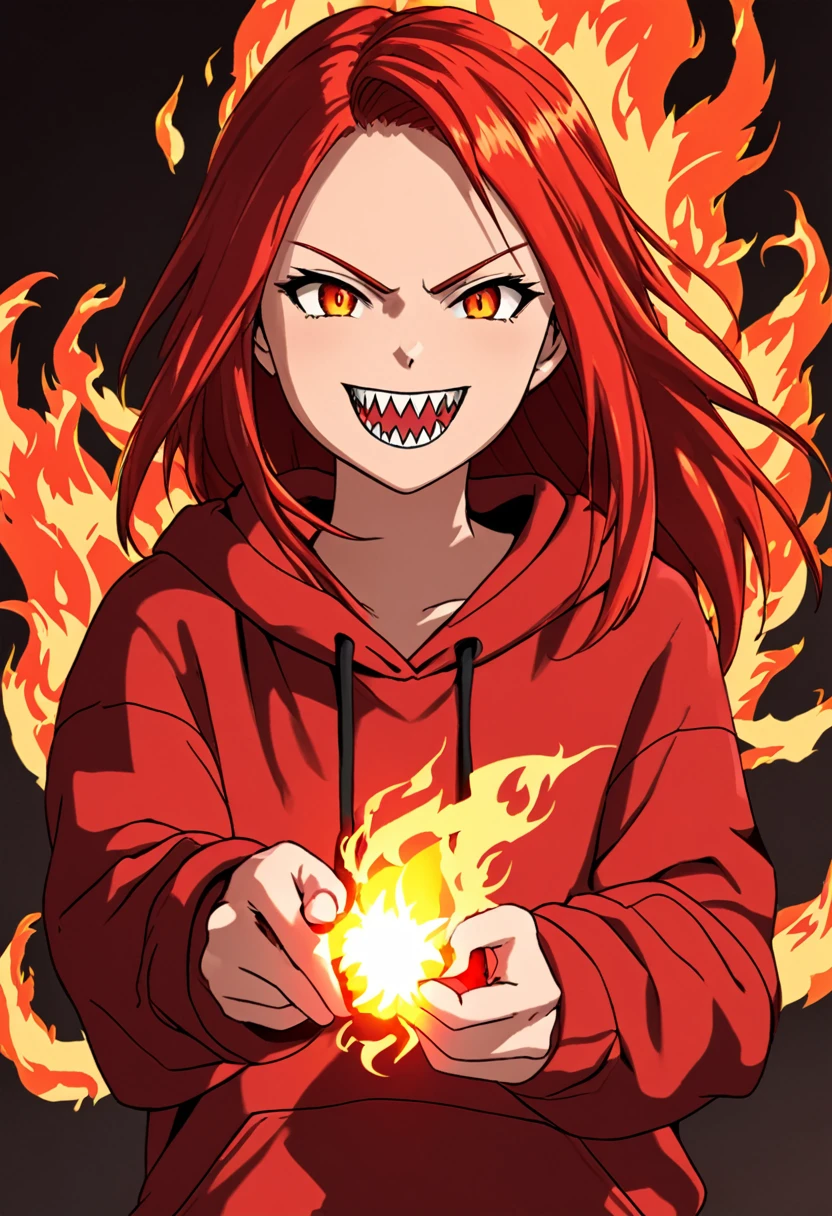 age woman, long and tied red hair, red clothes and sweatshirt, power of fire, smile with sharp teeth