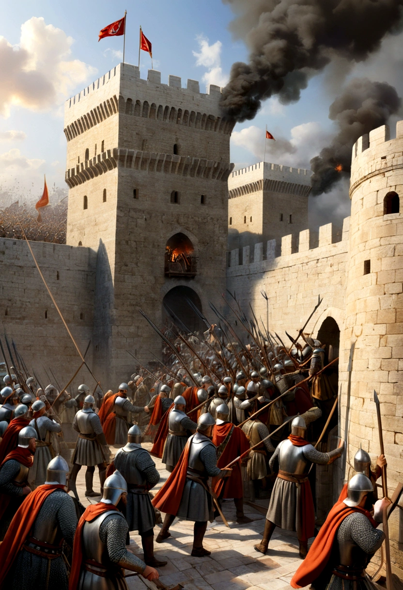 {
"prompt": "A detailed image of the Siege of Constantinople, with Ottoman soldiers using siege towers and scaling ladders to attack the formidable Theodosian walls. The defenders are seen on top of the walls, dressed in Byzantine armor, valiantly trying to repel the invaders. The scene is filled with intense action, smoke, and the clash of weapons, set against the backdrop of the towering city walls.",
"size": "1024x1024"
}