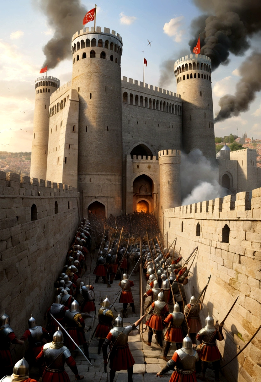 {
"prompt": "A detailed image of the Siege of Constantinople, with Ottoman soldiers using siege towers and scaling ladders to attack the formidable Theodosian walls. The defenders are seen on top of the walls, dressed in Byzantine armor, valiantly trying to repel the invaders. The scene is filled with intense action, smoke, and the clash of weapons, set against the backdrop of the towering city walls.",
"size": "1024x1024"
}