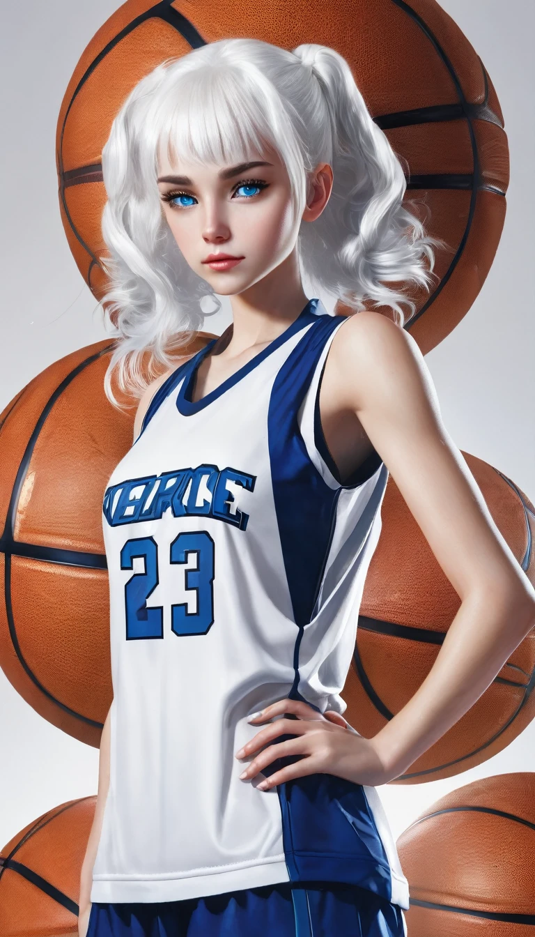 Girly girl with white hair up blue eyes and white skin wearing basketball uniform 