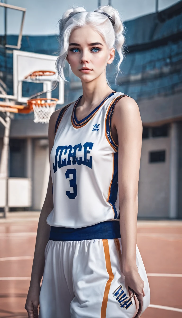 Girly girl with white hair up blue eyes and white skin wearing basketball uniform 