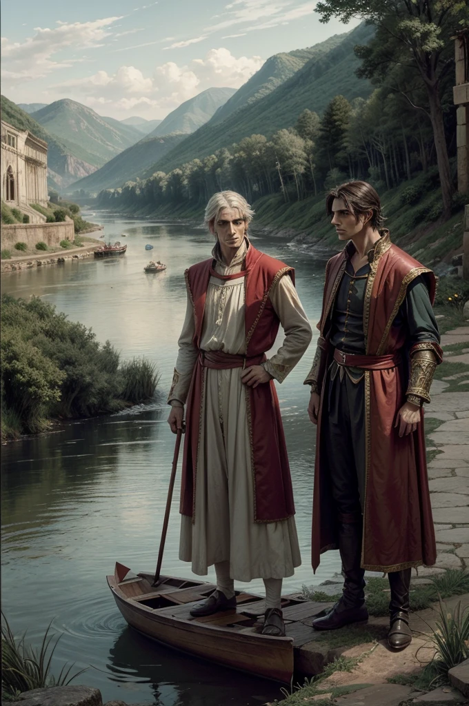 a detailed portrait of Dante Alighieri and Virgil standing by a river, observing a boat approaching the shore, the boat carrying many people, intricate details, high quality, photorealistic, dramatic lighting, cinematic composition, muted color palette, Renaissance inspired