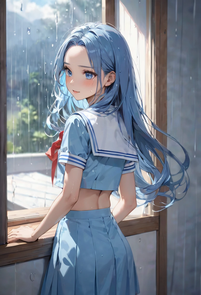 (back beautiful hip style) (solo:2 ,15 yo forehead blue hair long hair lovely girl, cute blue eyes, looking at out the window), (in a summer sailor suit, skirt, red ribbon), break, in the bedroom, background out side of rain:1.2, BREAK, perfect anatomy, masterpiece, best quality, 16k, beautiful detailed rainy, daydreaming expression.
