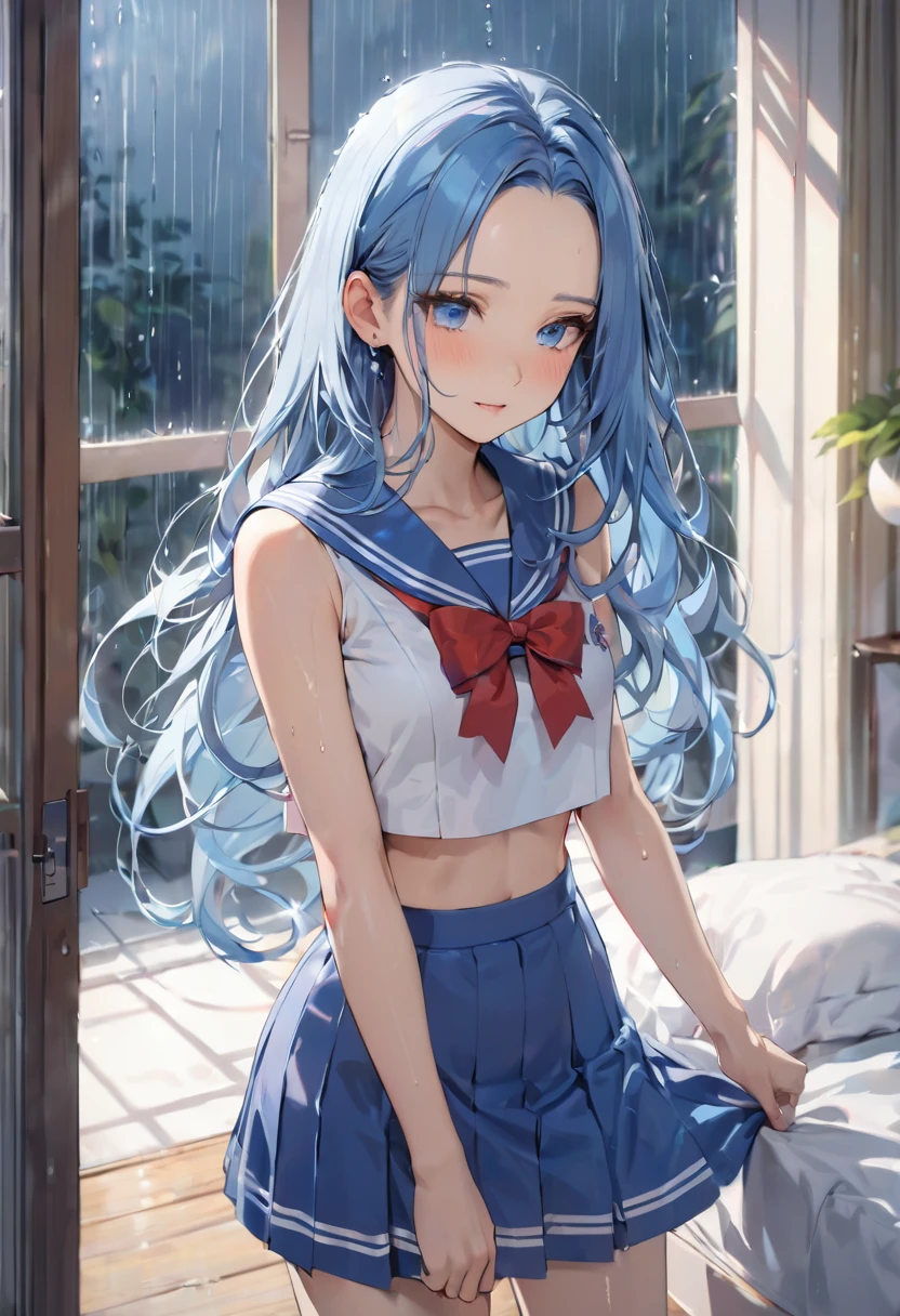 (back beautiful hip style) (solo:2 ,15 yo forehead blue hair long hair lovely girl, cute blue eyes, looking at out the window), (in a summer sailor suit, skirt, red ribbon), break, in the bedroom, background out side of rain:1.2, BREAK, perfect anatomy, masterpiece, best quality, 16k, beautiful detailed rainy, daydreaming expression.