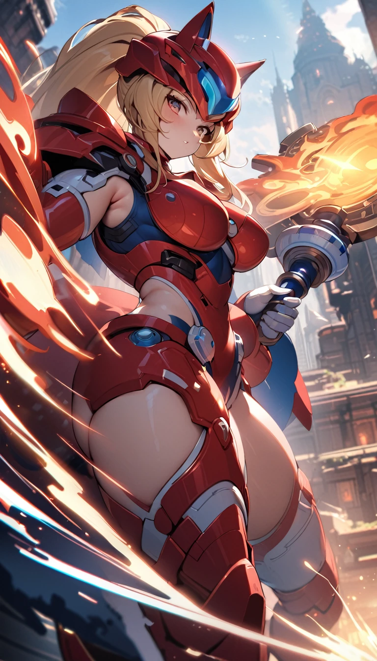Masterpiece, exquisite and detailed, 4k, 8k, high resolution, hightech fantasy style inspired by the design of Megaman, an anthro wolf reploid goddess with long blonde ponytail hair, helmet and red armor with white details, fierce, curvy, wielding a large flaming sword, posing next to the sword, dynamic light , cinematic BG, highly detailed