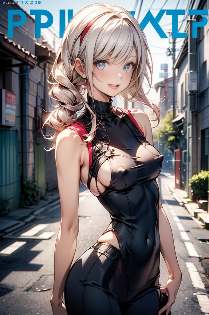 (small breasts:1.2), (perky chest:1.2), (pointed chest:1.2), (Pudding cake magazine cover:1.3),(from above:1.0),(fromside:0.9),masterpiece, 1girl, Amazing Cleavage:1.1, thin waist, optimum,tmasterpiece,hight resolution,best qualtiy,hyper HD,super detailing,awardwinning,16 K,solo,(The upper part of the body),anatomy correct,Beautiful cyberpunk girl,Cowboy Shot,cute face,a blond,Longhaire,Twin-tailed,Braids, Hairline,(scarlet eyes),long eyelasher,Hanging eye corners,White skin of the,shoot from the side, ((see through camisole:0.1)), ((Sheer nipples:1.0)),Rocket Tits,(Slim body),smile,seductive weak smiling,(with sparkling eyes and a contagious smile),open mouth, Looking at Viewer,