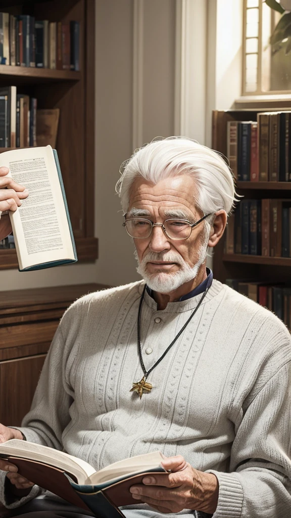 Elderly man with white hair in his home reading the Bible