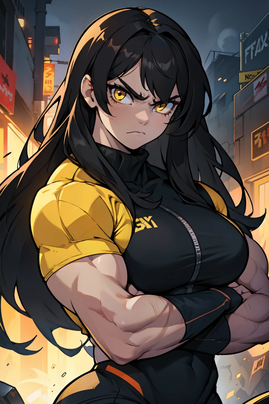 angry ((((1girl)))) (((bodybuilder))) pale skin black hair very long hair yellow eyes