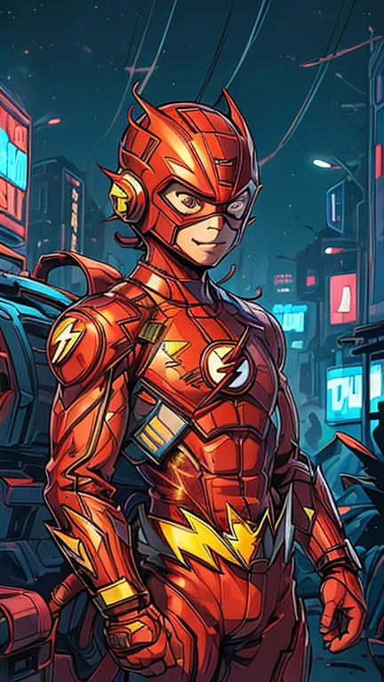 best quality,masterpiece,1boy,solo,(((13years old))),japanese boy,an extremely cute and handsome boy,highly detailed beautiful face and eyes,petit,cute face,lovely face,baby face,shy smile,show teeth, Blonde hair, Short hair,flat chest,skinny,slender,(((wearing a The Flash costume,Red helmet,red domino mask))),(((heroic pose in Dark Midnight Neon Glow light Cyberpunk metropolis city))),he is looking at the viewer,