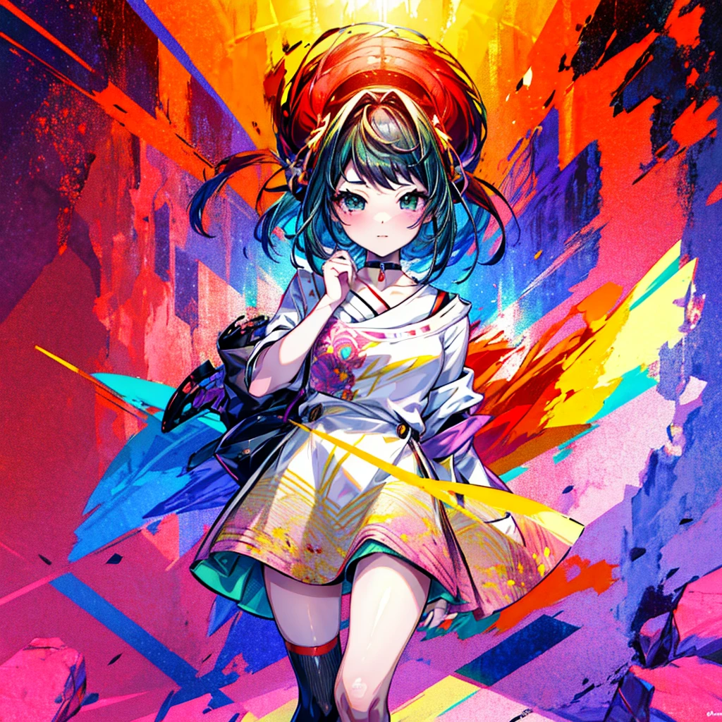 This is a high definition anime portrait (8k) featuring a girl with green eyes that stand out with prominent curves and a choker, looking directly at the camera. Her hair is a vibrant mix of red on the outside and violet on the inside., with patterns and a stellar glow that suggests a space and starry background. The image has a detailed art style, with influences from artists such as Ilya Kuvshinov and Krenz Cushart, and is characterized by its colorful and cheerful expression.