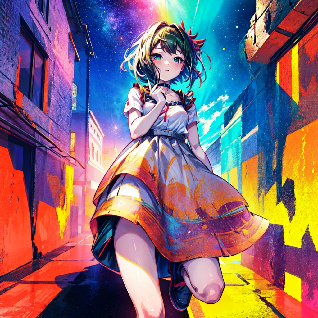 This is a high definition anime portrait (8k) featuring a girl with green eyes that stand out with prominent curves and a choker, looking directly at the camera. Her hair is a vibrant mix of red on the outside and violet on the inside., with patterns and a stellar glow that suggests a space and starry background. The image has a detailed art style, with influences from artists such as Ilya Kuvshinov and Krenz Cushart, and is characterized by its colorful and cheerful expression.