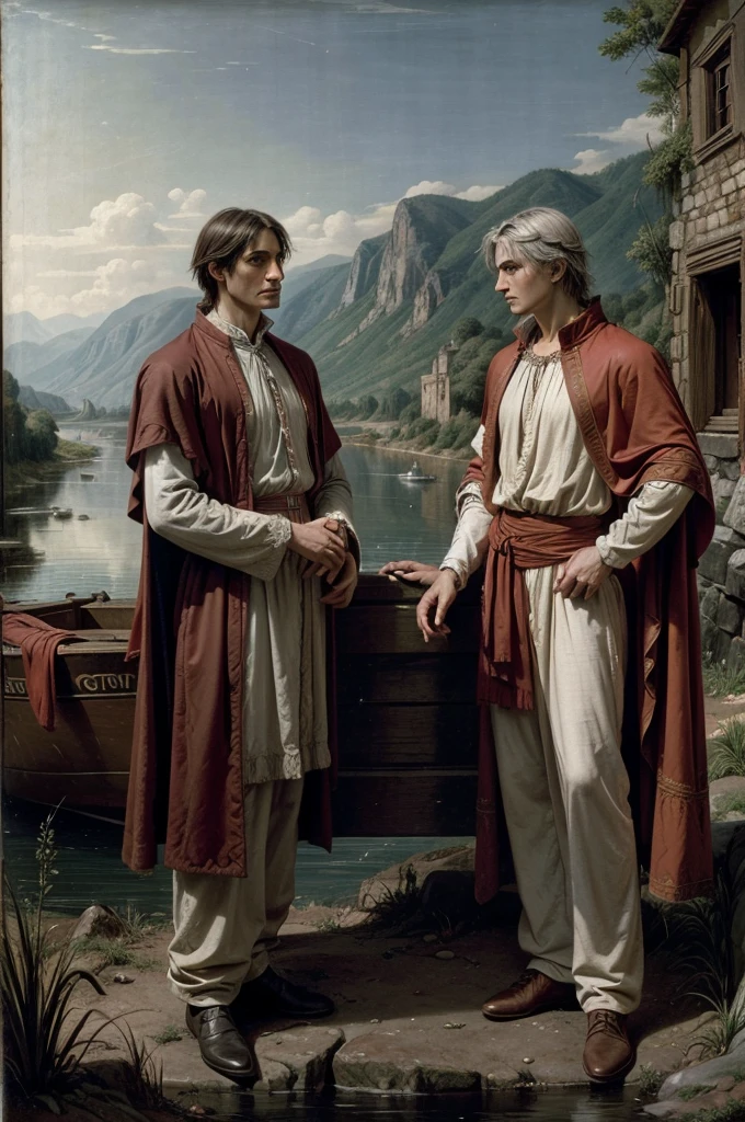 a detailed portrait of Dante Alighieri and Virgil standing by a river, observing a boat approaching the shore, the boat carrying many people, intricate details, high quality, photorealistic, dramatic lighting, cinematic composition, muted color palette, Renaissance inspired